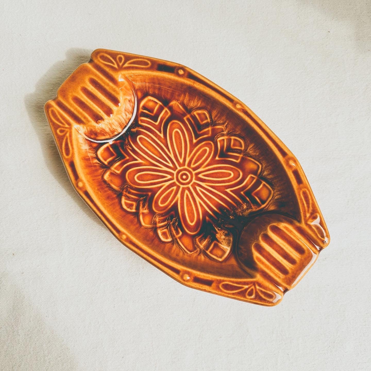 Honey Brown Ceramic Floral Dish