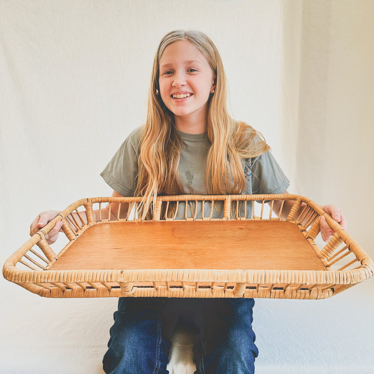 Large Rattan + Wood Tray
