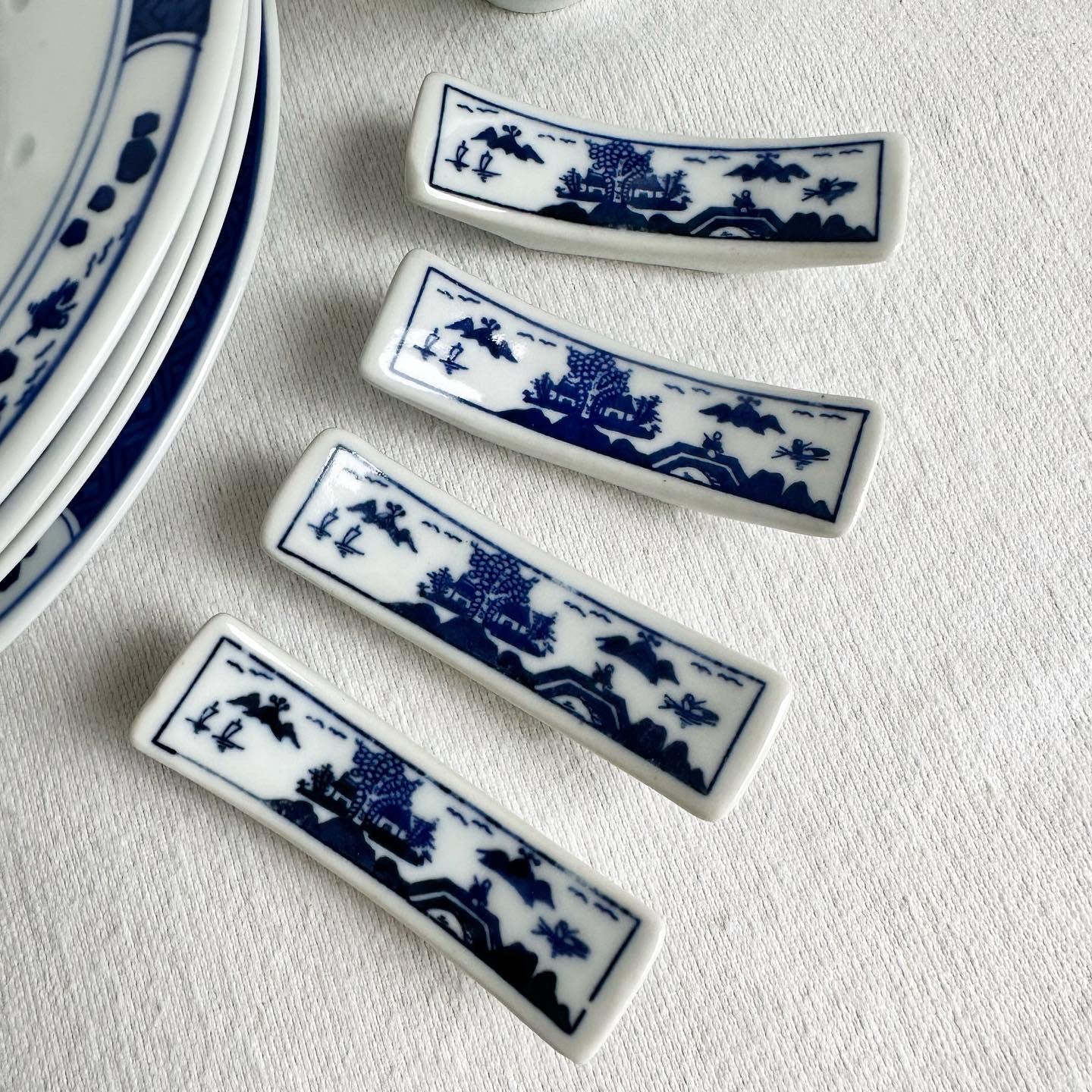 Jingdezhen Zhi Blue + White Porcelain Pagoda Scene set, Rice Grain Pattern