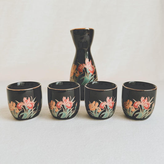 Black Floral Sake Set
