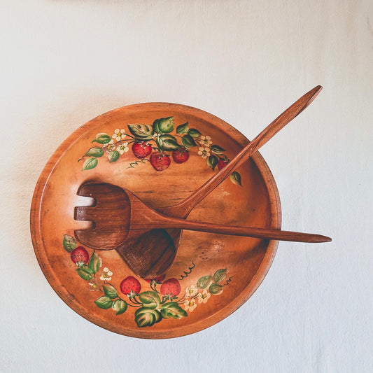 Wooden Hand-painted Bowl w Salad Tongs 
