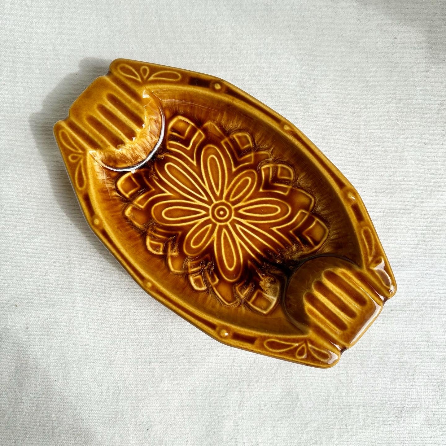 Honey Brown Ceramic Floral Dish