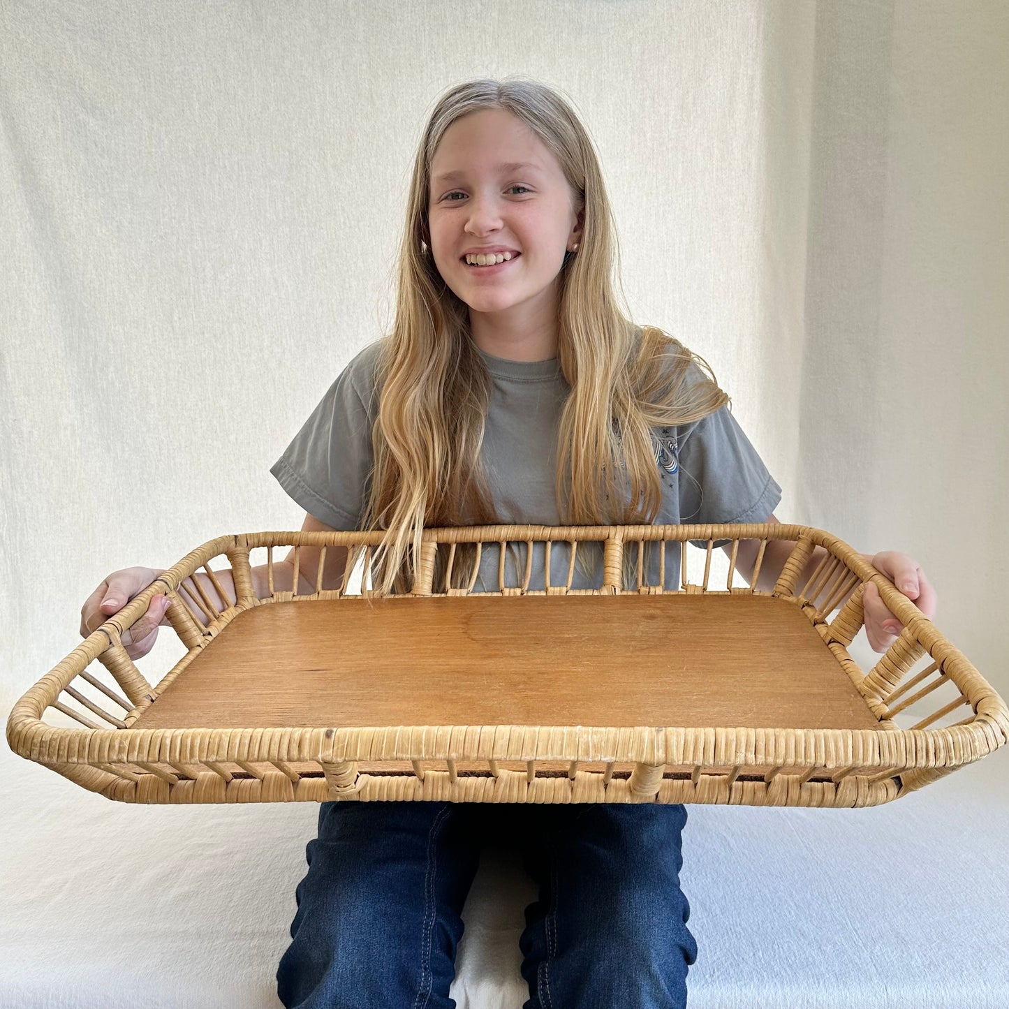 Large Rattan + Wood Tray