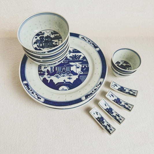 Jingdezhen Zhi Blue + White Porcelain Pagoda Scene set, Rice Grain Pattern