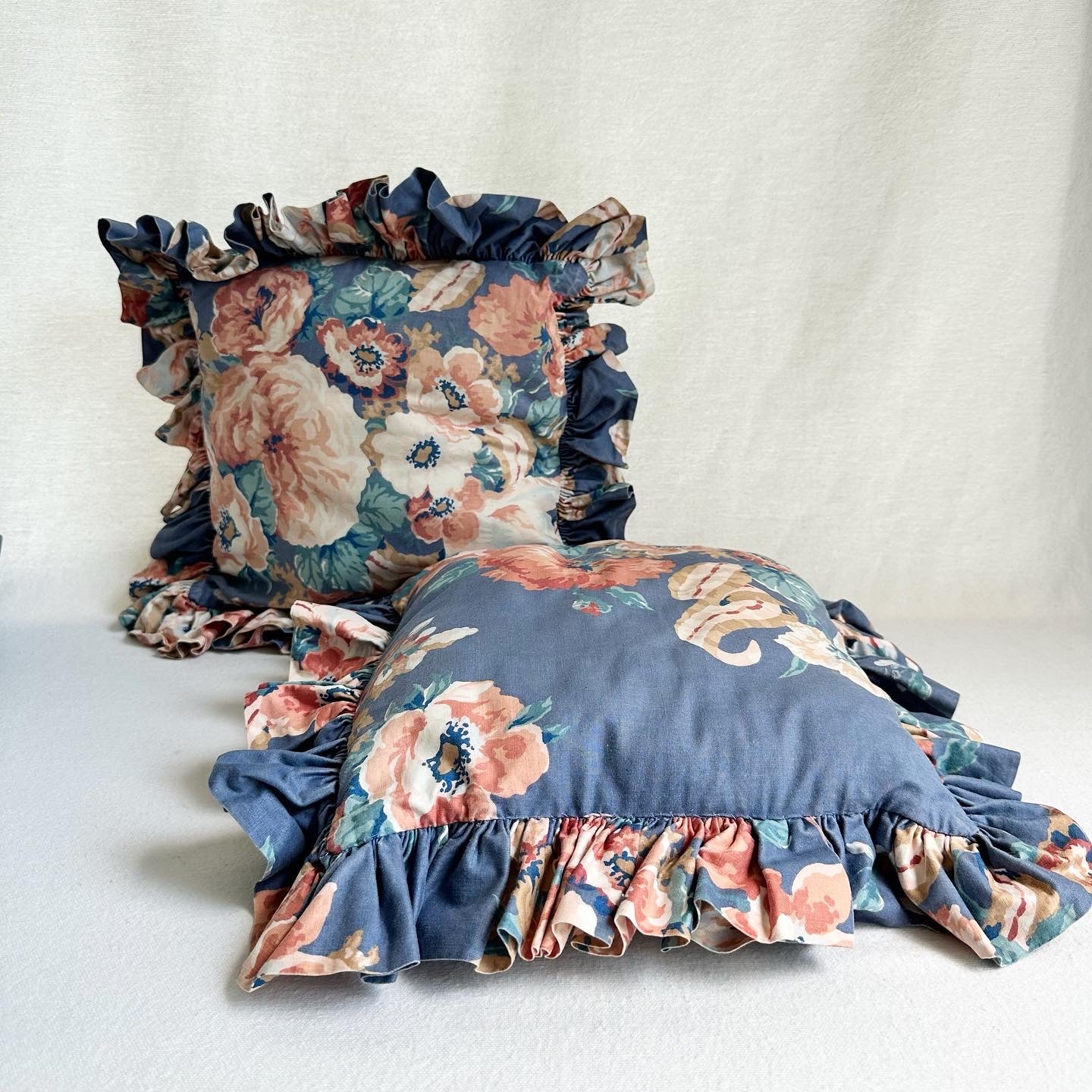 80s Blue Pink Floral Ruffle Pillows