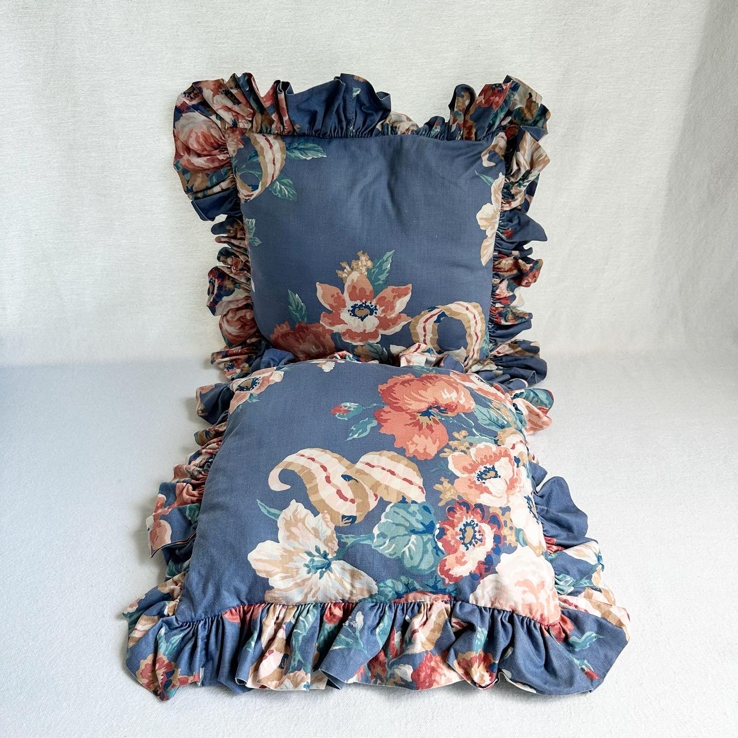 80s Blue Pink Floral Ruffle Pillows