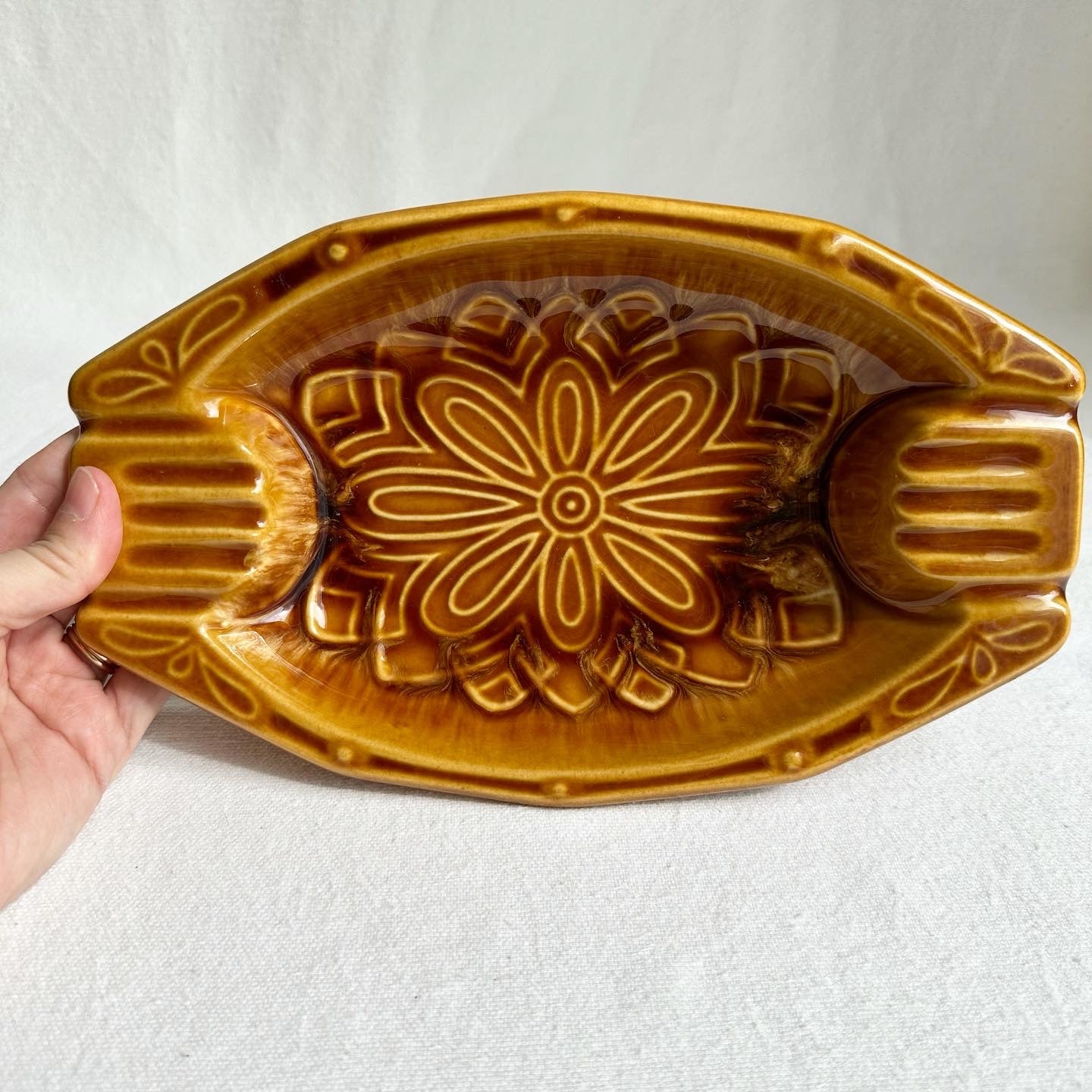 Honey Brown Ceramic Floral Dish